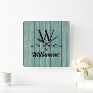 Family Name Monogram Rustic Blue Wood Wall Clock