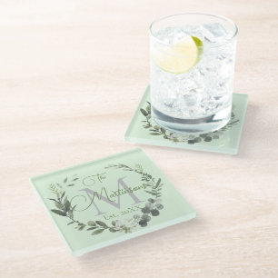 Family Name Monogram Watercolor Botanical Glass Coaster