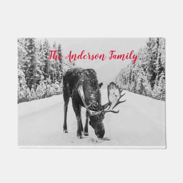 Family Name Moose In Snow Doormat (Front)