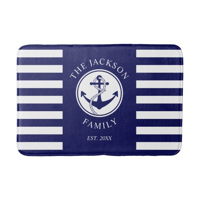 Family Name Nautical Anchor Blue Stripes Pattern Bath Mat (Front)