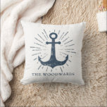 Family Name Nautical Anchor Navy Blue Cushion<br><div class="desc">A unique nautical navy blue anchor personalise with your family name on a white throw pillow for your boat or coastal cottage. Both anchor and type have a distressed woodcut effect to add character,  and the typeface dates back to the 1700's.</div>