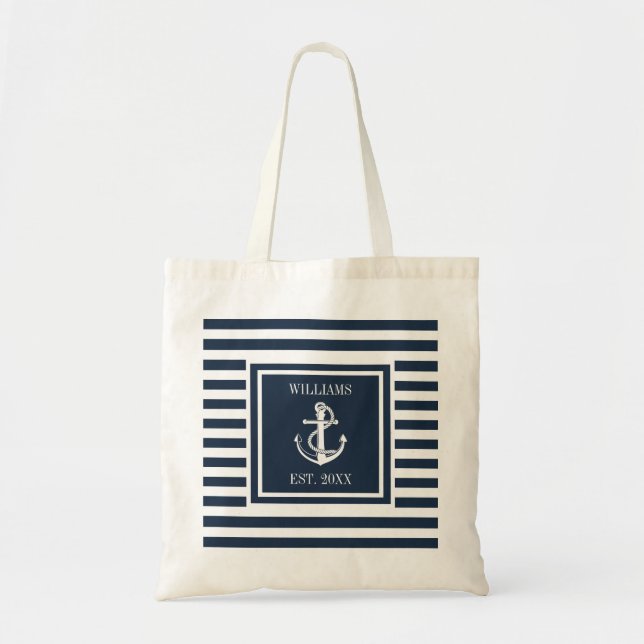 Family Name Nautical Boat Anchor Navy Blue Stripe Tote Bag (Front)