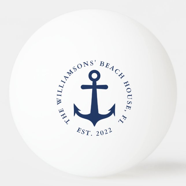 Family Name Nautical White Navy Blue Boat Anchor Ping Pong Ball (Front)
