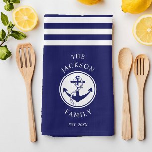Family Name Navy Blue Nautical Anchor Tea Towel