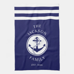 Family Name Navy Blue Nautical Anchor Tea Towel