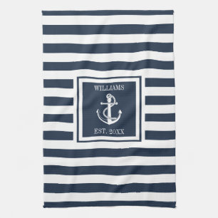 Family Name Navy Blue Stripe Nautical Anchor Boat Tea Towel