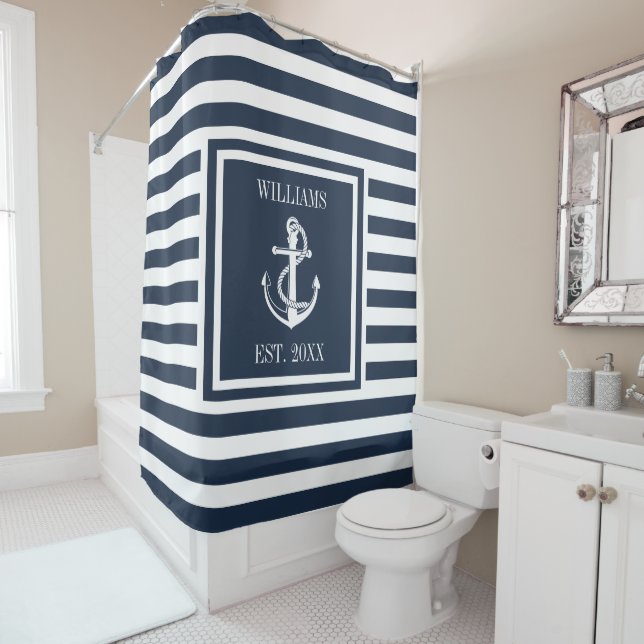 Family Name Navy Blue Striped Nautical Boat Anchor Shower Curtain (In Situ)