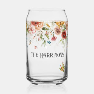 Family Name on Red Gold Peonies Floral Drop Can Glass