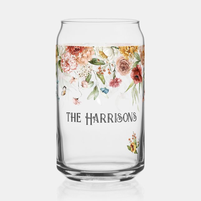 Family Name on Red Gold Peonies Floral Drop  Can Glass (Front)