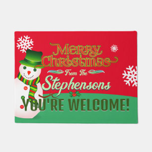 Family Name on Snowman RED Welcome  Doormat