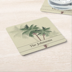 Family Name on Vintage Palm Trees Square Paper Coaster