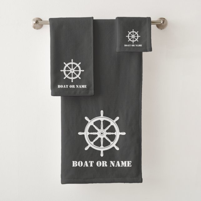 Family Name or Boat Nautical Ship Wheel Helm Grey Bath Towel Set (Insitu)