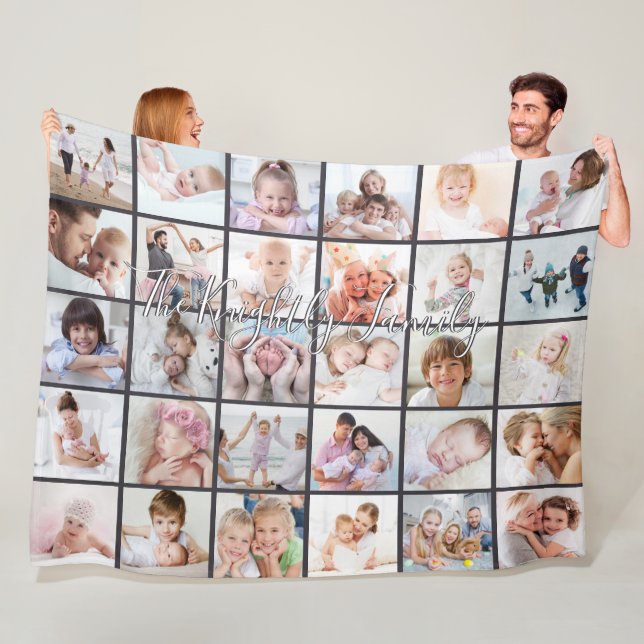 Family Name Overlay 30 Photo Collage Template Grey Fleece Blanket (In Situ)