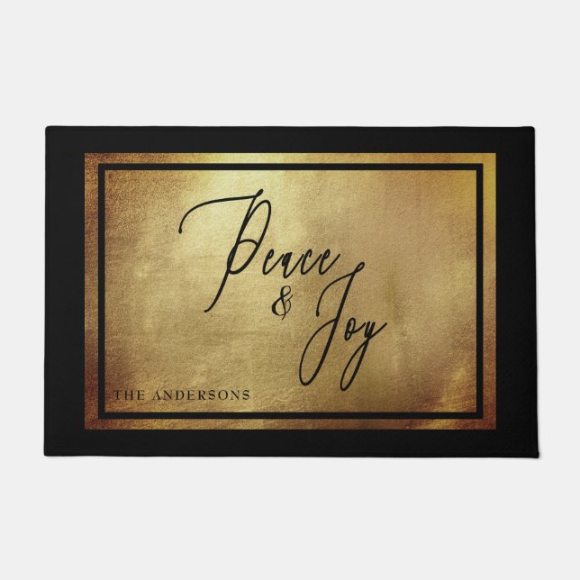 Family Name Peace & Joy Gold & Black Christmas Doormat (Front)