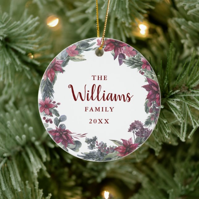 Family Name Photo Christmas Floral Holiday Ceramic Ornament (Tree)