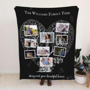 Family Name Photo Collage   Family Tree Heart Fleece Blanket