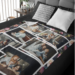 Family Name Photo Collage Floral on Black Fleece Blanket