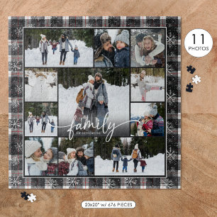 Family Name Photo Collage Winter Plaid Snowflakes Jigsaw Puzzle