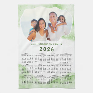 Family Name Photo Green White 2026 Calendar Tea Towel