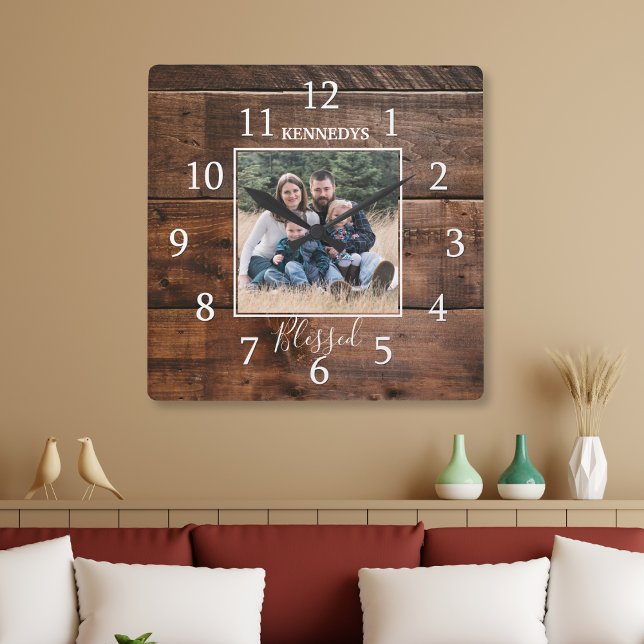 Family Name Photo Rustic Wood  Square Wall Clock (Unique family name photo clock  )