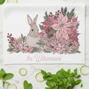 Family Name Pink Flowers and Rabbit Christmas Tea Towel