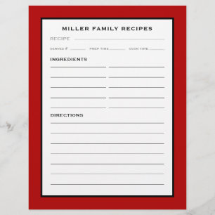 Family Name Recipe Insert   Red Black & White