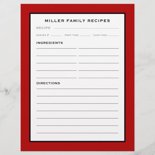 Family Name Recipe Insert | Red Black & White (Front)