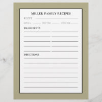 Family Name Recipe Insert | Sage Black & White