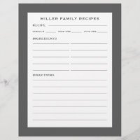 Family Name Recipe Insert | Simple Grey & White