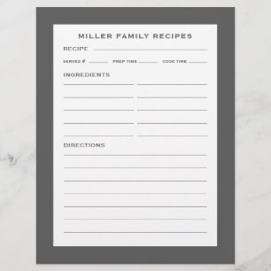 Family Name Recipe Insert   Simple Grey & White