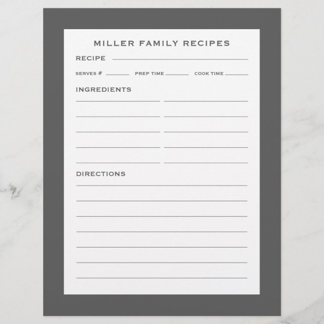 Family Name Recipe Insert | Simple Grey & White (Front)