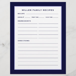 Family Name Recipe Page Simple Navy Blue & White