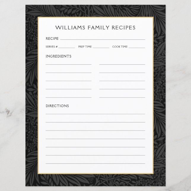 Family Name Recipe Page | Vintage Black Floral (Front)