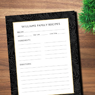 Family Name Recipe Page Vintage Black Floral Notepad