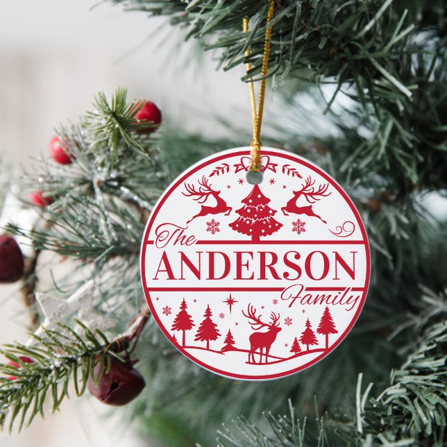 Family Name Red and White Classic Custom Christmas Ceramic Ornament (Family Name Red and White Classic Custom Christmas Ceramic Ornament - Custom Color and Text!)