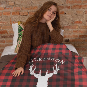 Family Name Red Buffalo Lumberjack Plaid Lake Fleece Blanket
