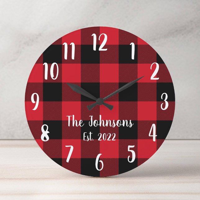 Family Name Red Buffalo Plaid Round Clock (Family Name Red Buffalo Plaid Round Clock)