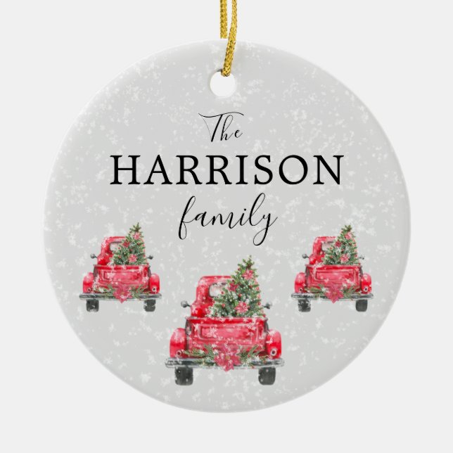 Family Name Red Truck Christmas Tree Holiday Ceramic Ornament (Front)