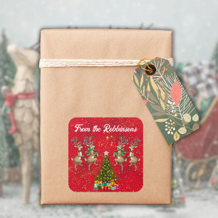 Family Name Red Whimsical Marching Reindeer Square Sticker