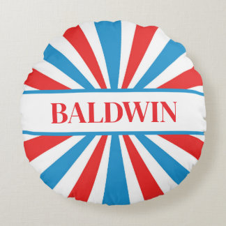 Family Name Red, White, and Blue Sunburst Round Cushion