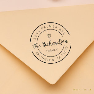 Family Name Return Address Cute Heart  Round Logo Rubber Stamp