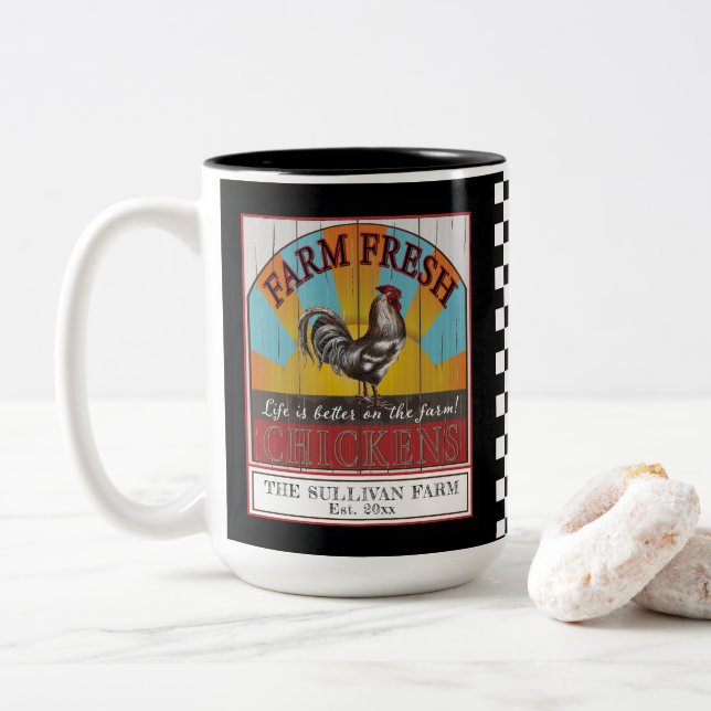 Family Name Rooster Life Is Better On the Farm Two-Tone Coffee Mug (With Donut)
