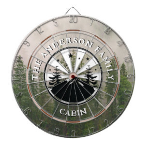Family Name Rustic Cabin Foggy Forest Dartboard