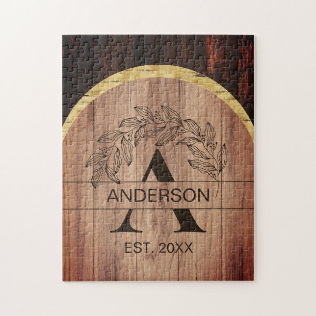 Family Name Rustic Farmhouse Wood Monogrammed Gold Jigsaw Puzzle (Vertical)