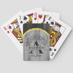 Family Name Rustic Grey Wood Monogram Gold Playing Cards