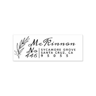 Family Name Rustic Script & Leaf Return Address Rubber Stamp