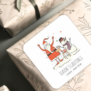 Family Name Santa Snowman Reindeer Christmas Hygge Square Sticker
