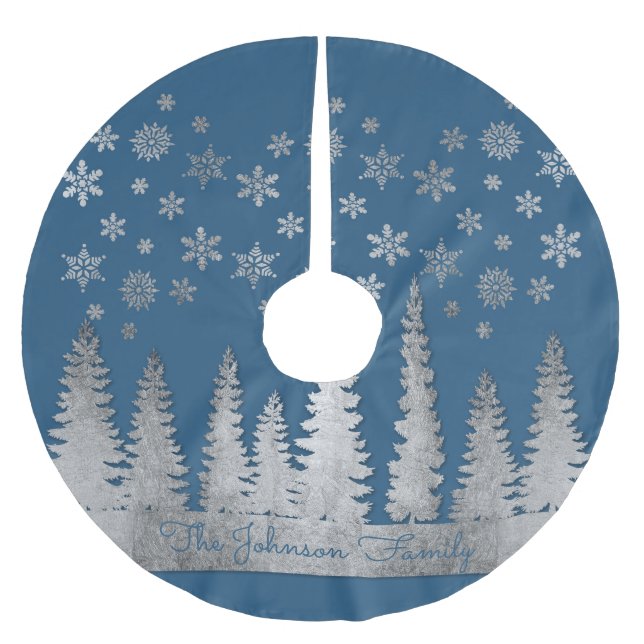 Family Name Silver and Blue Winter Wonderland Brushed Polyester Tree Skirt (Front)