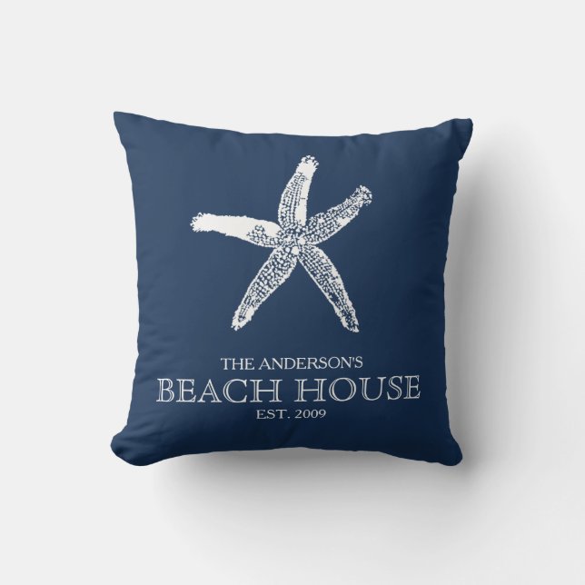 Family Name Starfish Navy Blue Beach House Cushion (Front)