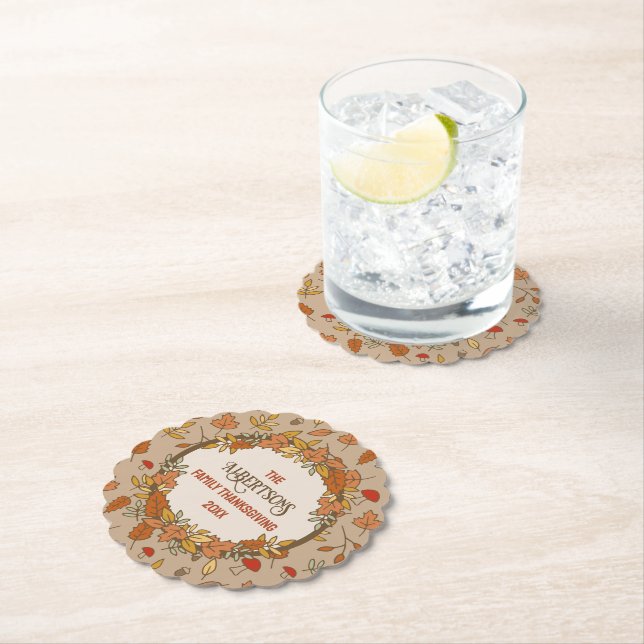 Family Name Thanksgiving Fall Leaves Paper Coaster (Insitu)